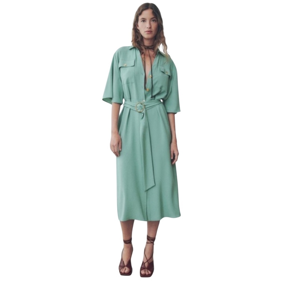 Zara Seafoam Shirt Dress Sz M Belted Gold Buttons Structured Classic Retro